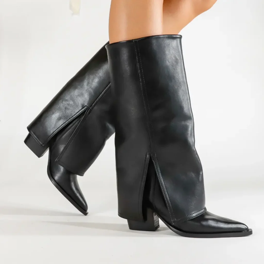 Club Style Texano Stivale Tacco Con Ghetta Pelle Nero donna