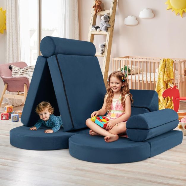 Divano Modulare 13 pezzi per bambini, Set di divano sezionale versatile per bambini per asilo nido Blu MarinoGrigio