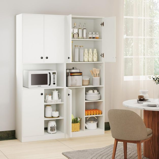 Mobile cucina dispensa con 2 armadietti e 3 ante, Credenza alta per cucina con 4 ripiani aperti 2 Colori