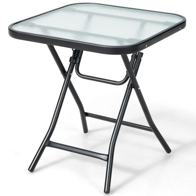 Tavolo bistrò quadrato con telaio antiruggine da patio, Tavolo da pranzo pieghevole con piano in vetro temperato