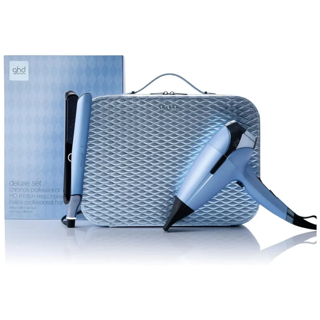 GHD DELUXE Piastra Chronos e Asciugacapelli Helios COFANETTO REGALO BLU GHIACCIO ICED LUXE