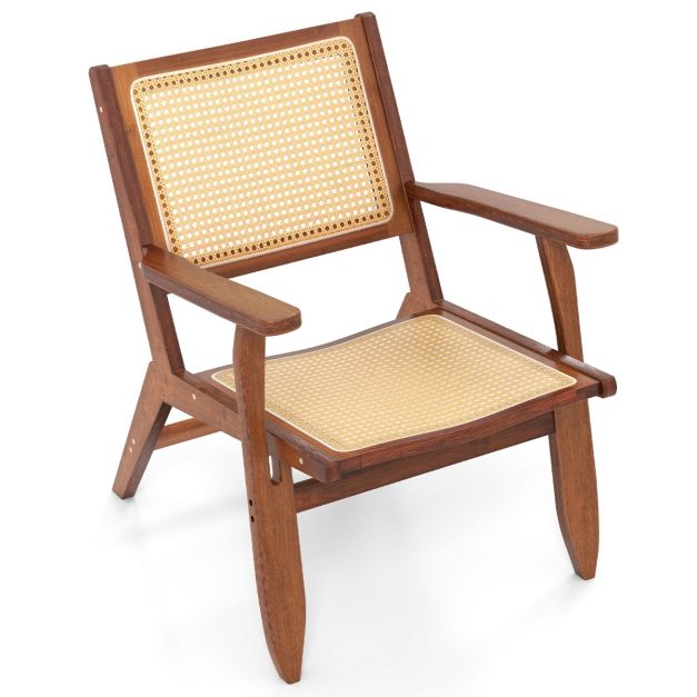 Sedia d'accento in rattan con schienale ergonomico e braccioli, Sedia da pranzo in bambù da poltrona da lettura Noce