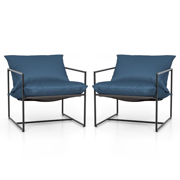 Set di 2 sedie a sdraio sling con cuscini per sedile schienale telaio metallico, Poltrone da interno moderne Blu scuro