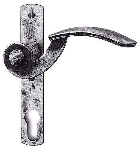 Set di maniglie a leva Lienbacher modello TILLY DIN NORM PZ 72 in ferro battuto, con piastra lunga antica