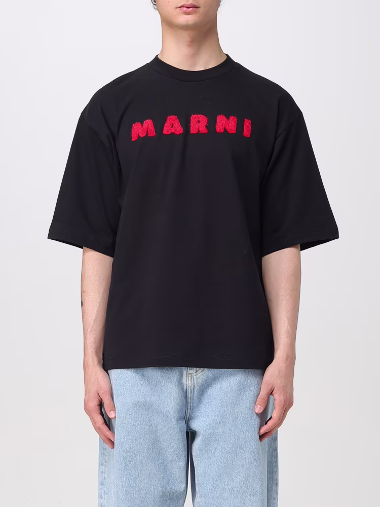 T shirt con logo rosso in tessuto