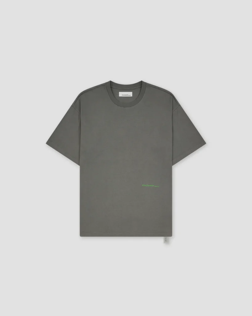 T shirt grigia con stampa languages sul retro