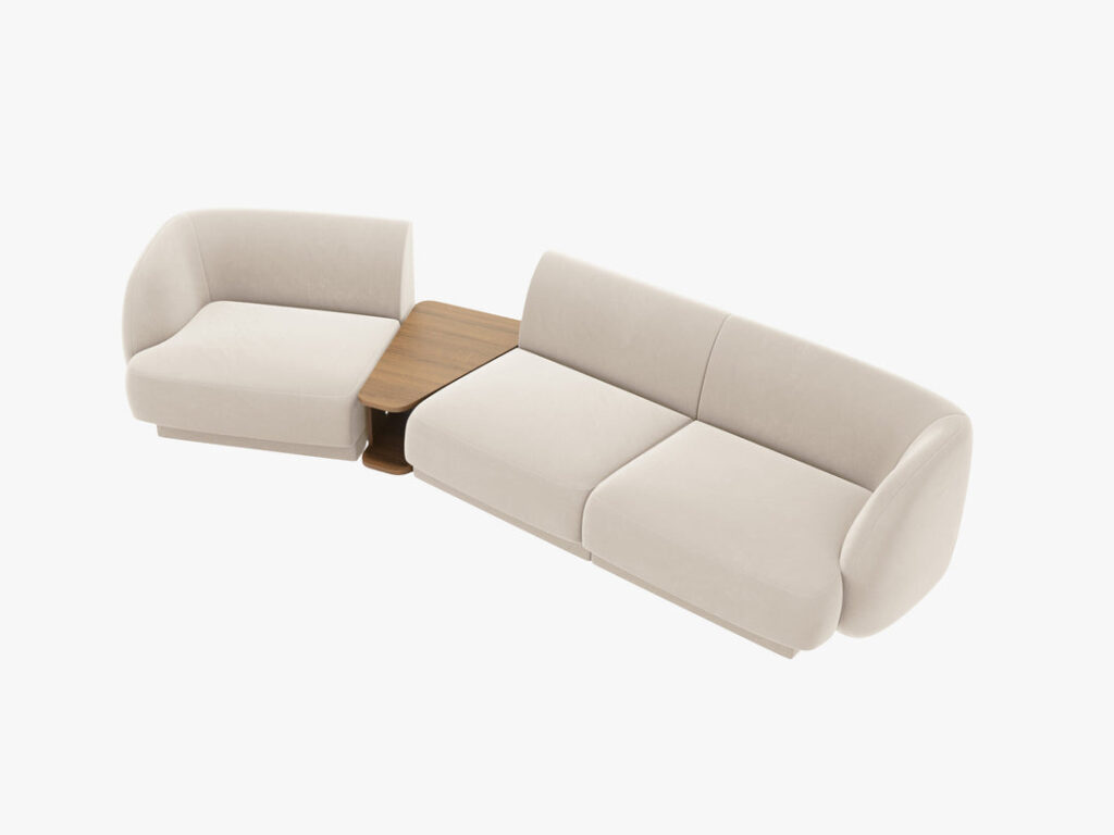 Divano modulare Miley 3 posti con tavolino integrato in velluto – L303 cm