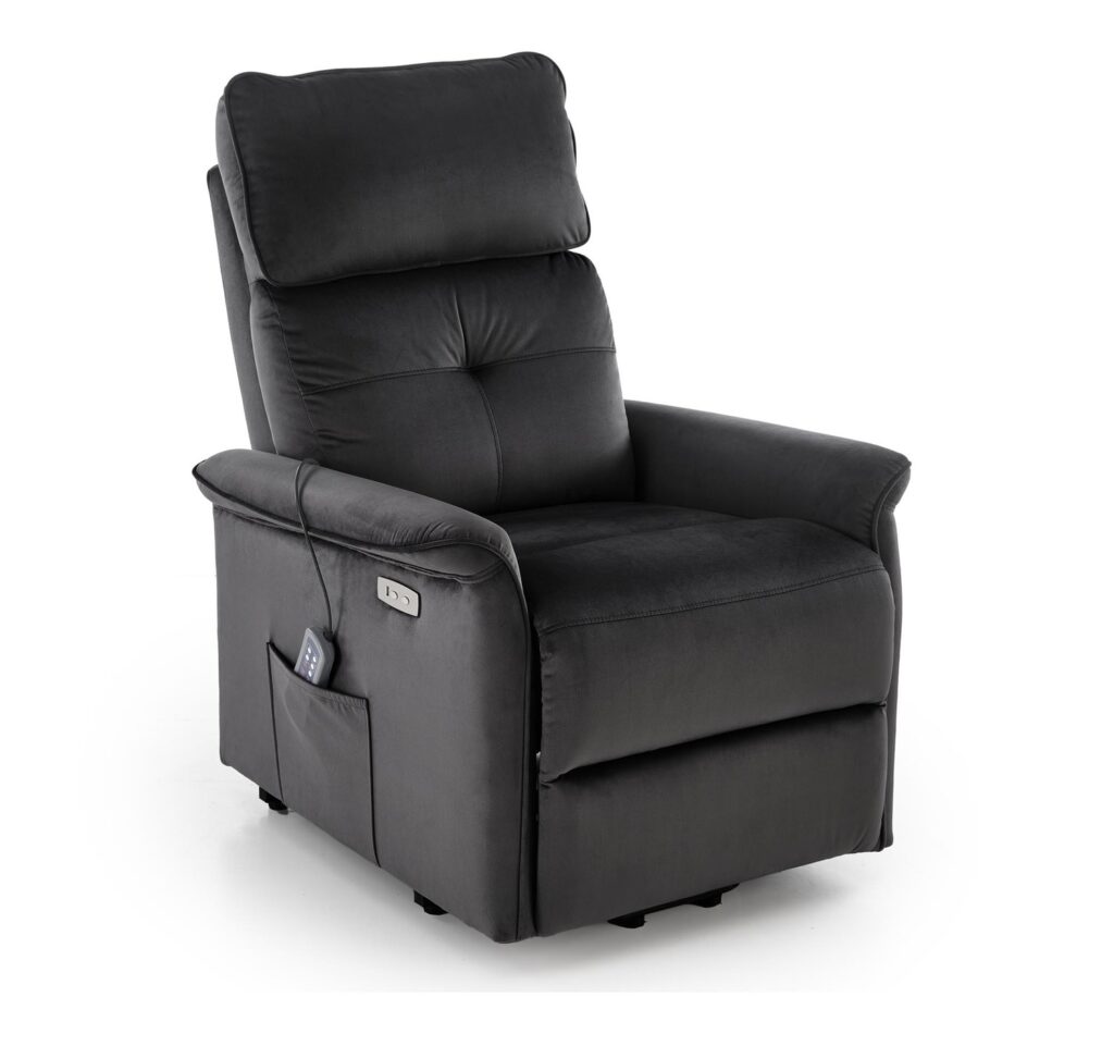 Poltrona relax Semir 2 con alzata assistita, massaggio ed USB in velluto nero – 80×108 90×90 160 cm