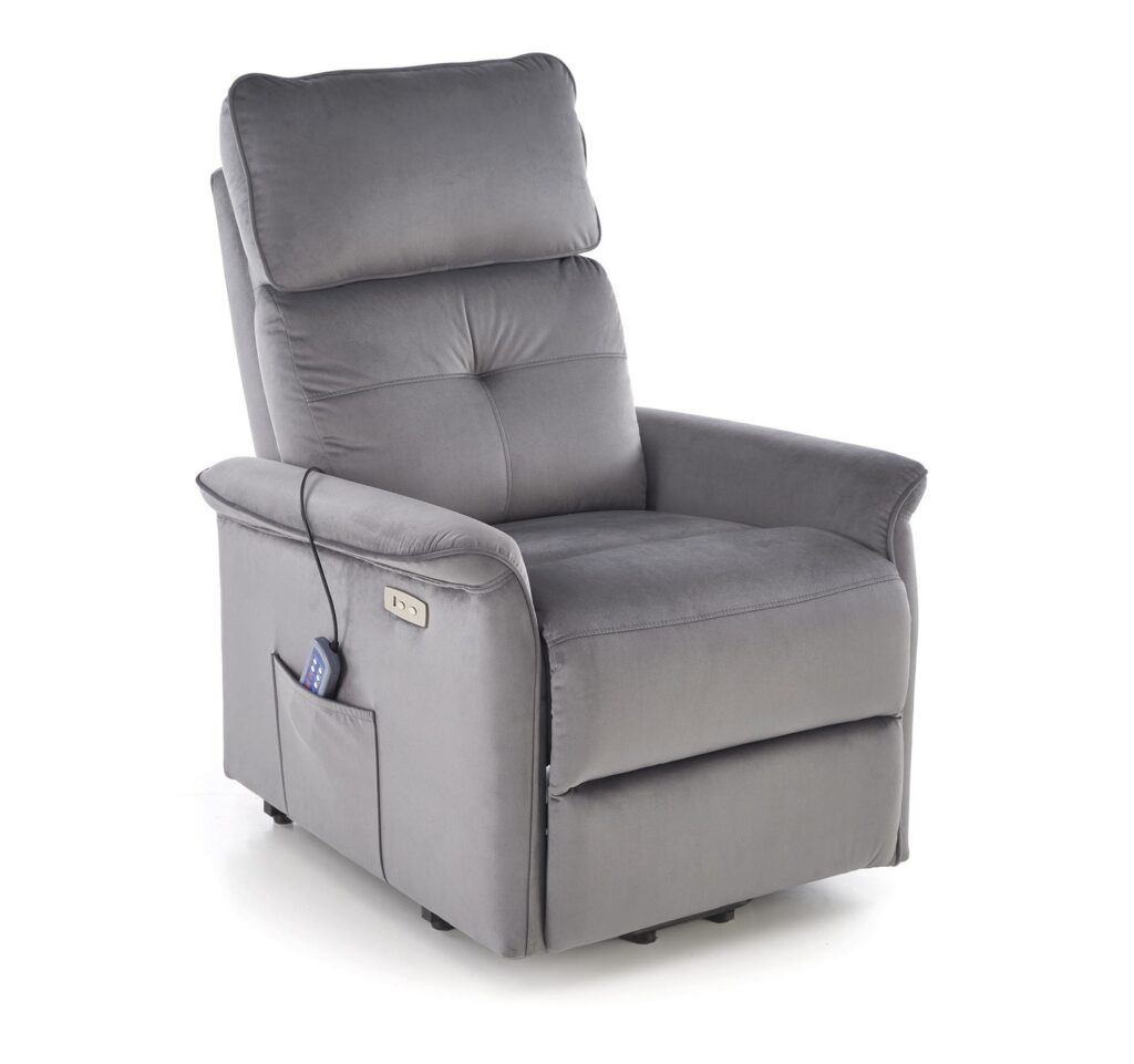 Poltrona relax Semir 2 in velluto grigio chiaro – con massaggio, alzapersona e reclinazione elettrica