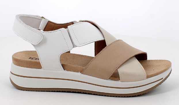 Sandali con zeppa da donna beige e bianco con strap