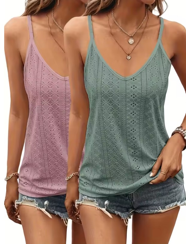 2 Pieces of Women's Y2K Style V Neck Vests, Fashionable Elastic Perforated Sleeveless Vests, Solid Color