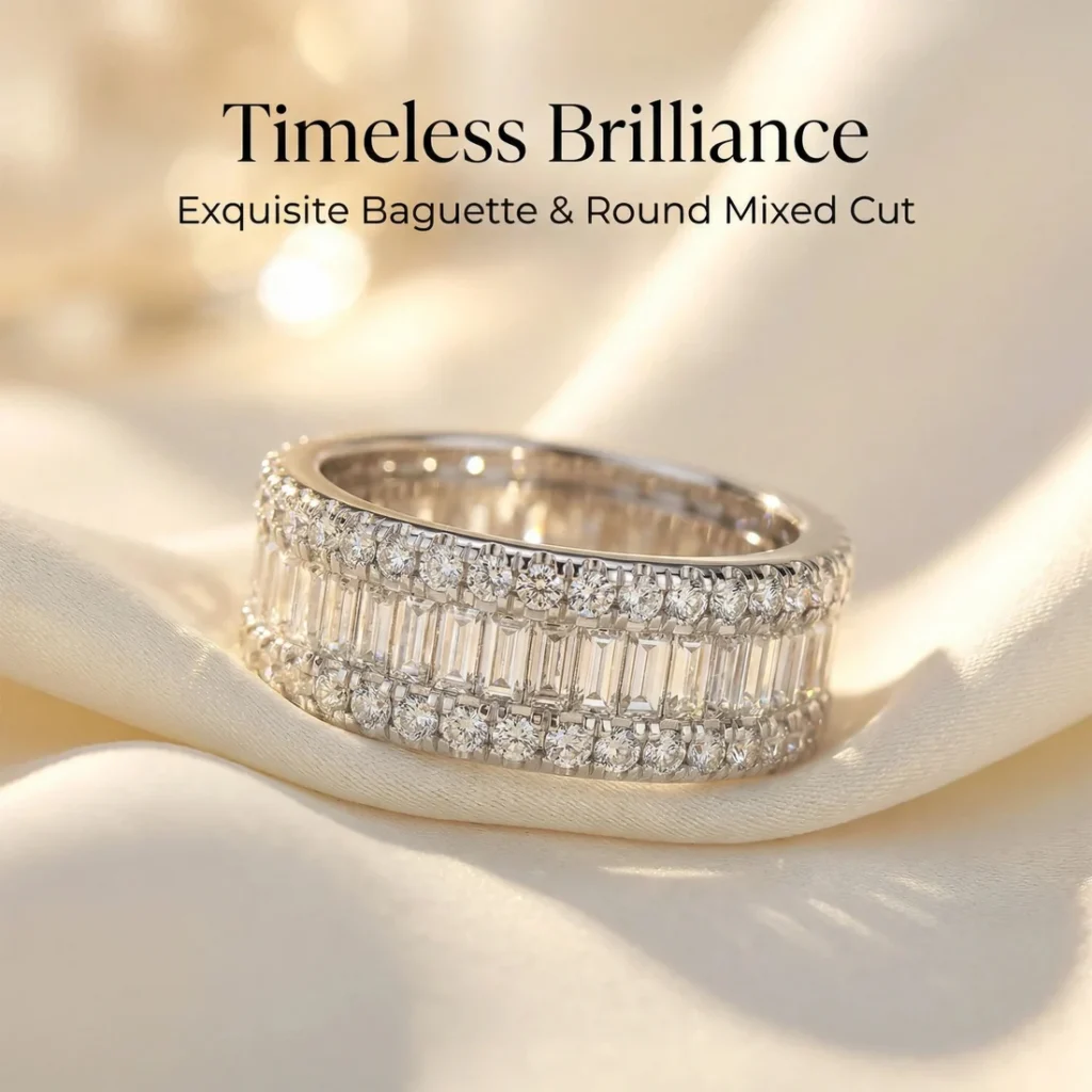 925 Silver Eternity Ring – 96 Round & 45 Baguette Moissanite – Engagement Wedding Band
