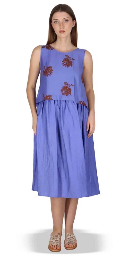 Abito Airy Midi Flow in lino blu con stampa Donna JABAB0001 F1522 1232