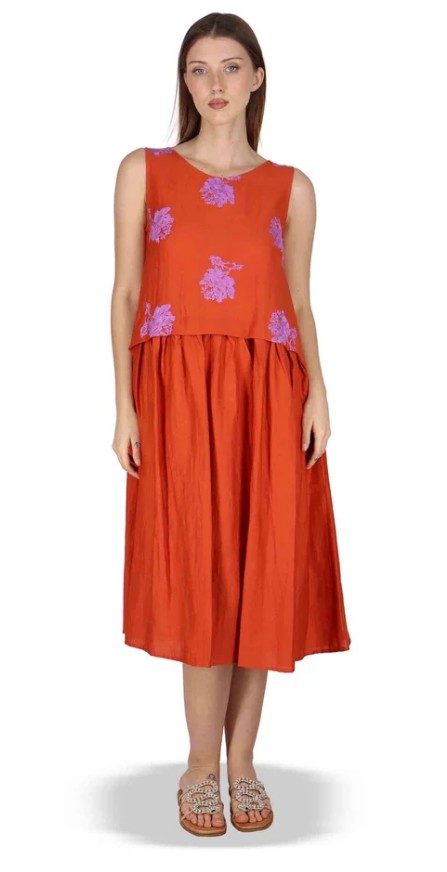 Abito Airy Midi Flow in lino rosso con stampa Donna JABAB0001 F1522 1232