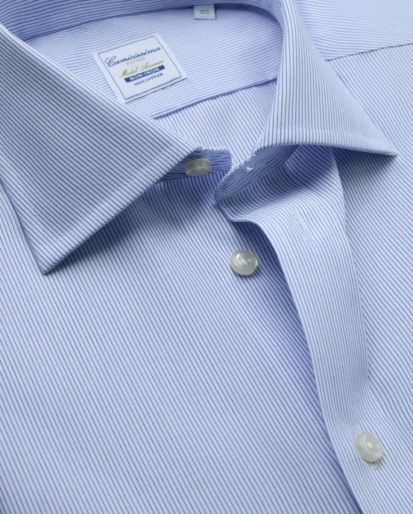 Camicia non iron popeline a righe sottili azzurre extra slim fitted anversa francese