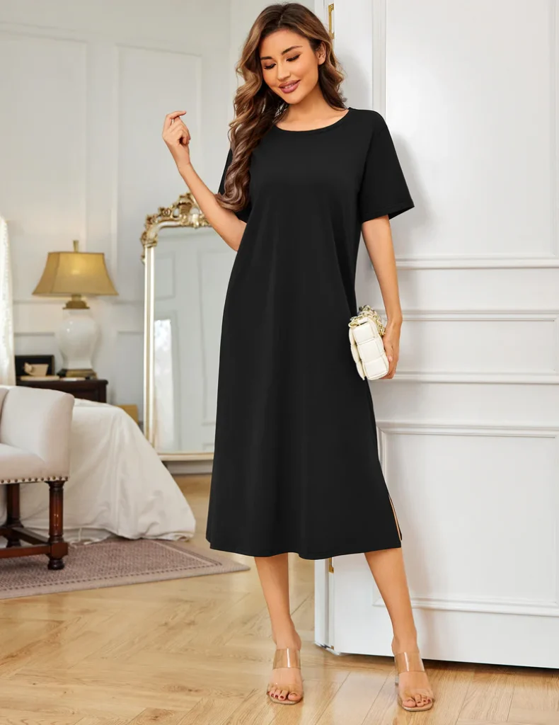 Ekouaer Cotton Full Length Nightgown Long Sleepshirt Short Sleeve
