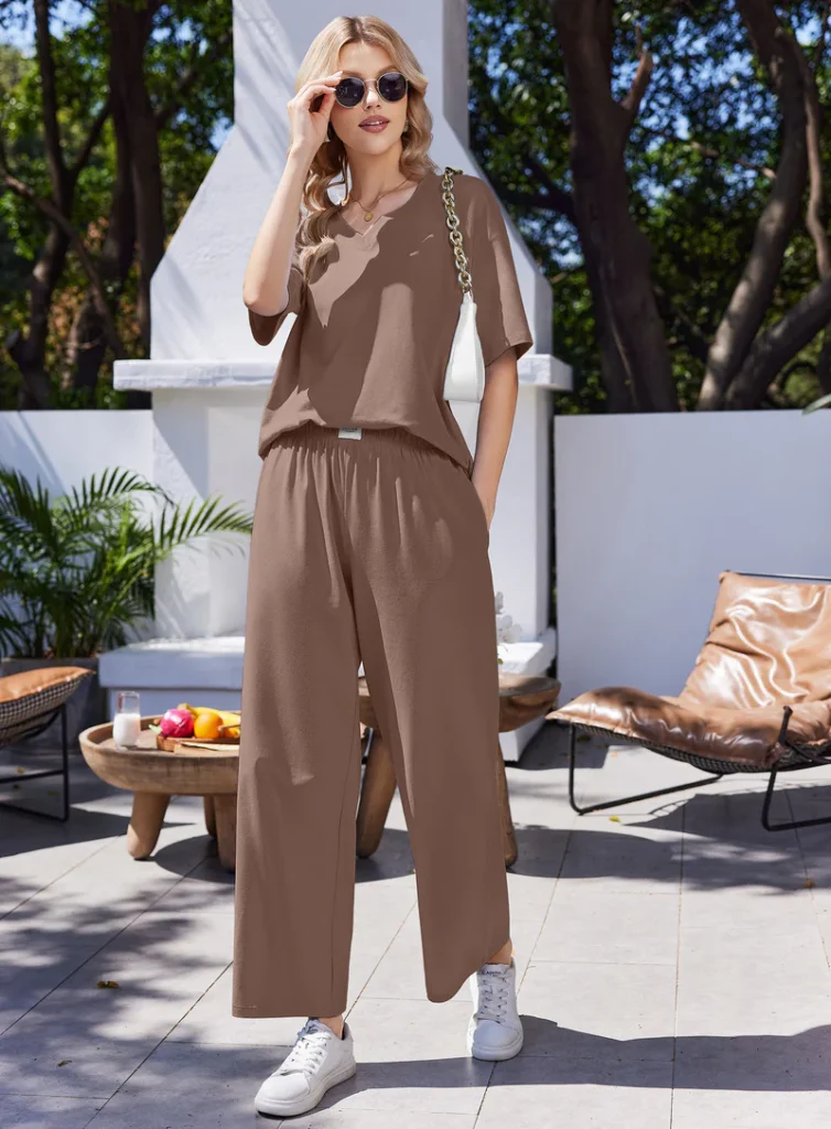 Ekouaer Cotton Short Sleeve Pajama Set Long Pants Sleepwear