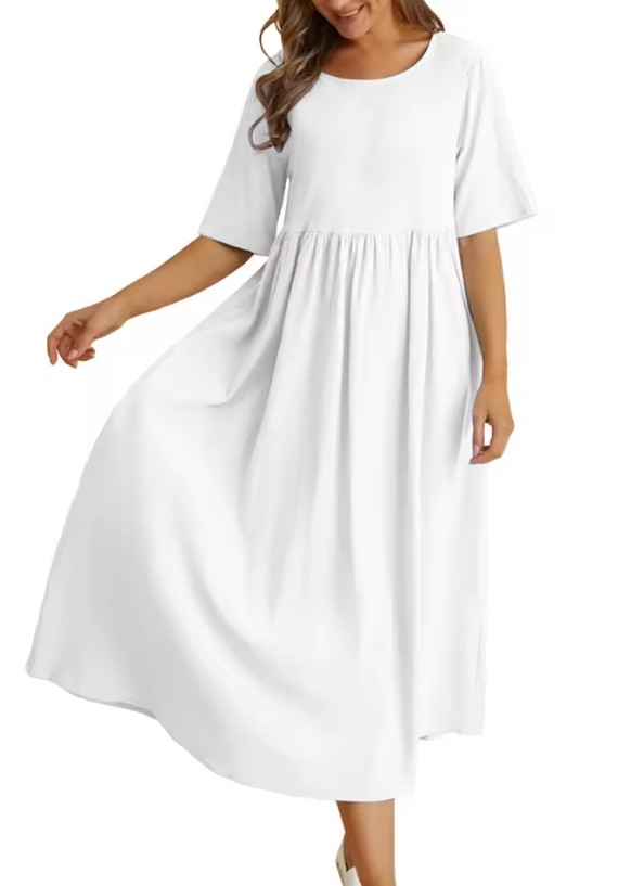 Loose Cotton And Linen Dresses For Women Casual Short Sleeve Patchwork Dress Solid Color A Line Pullover Dress Vestido Feminino