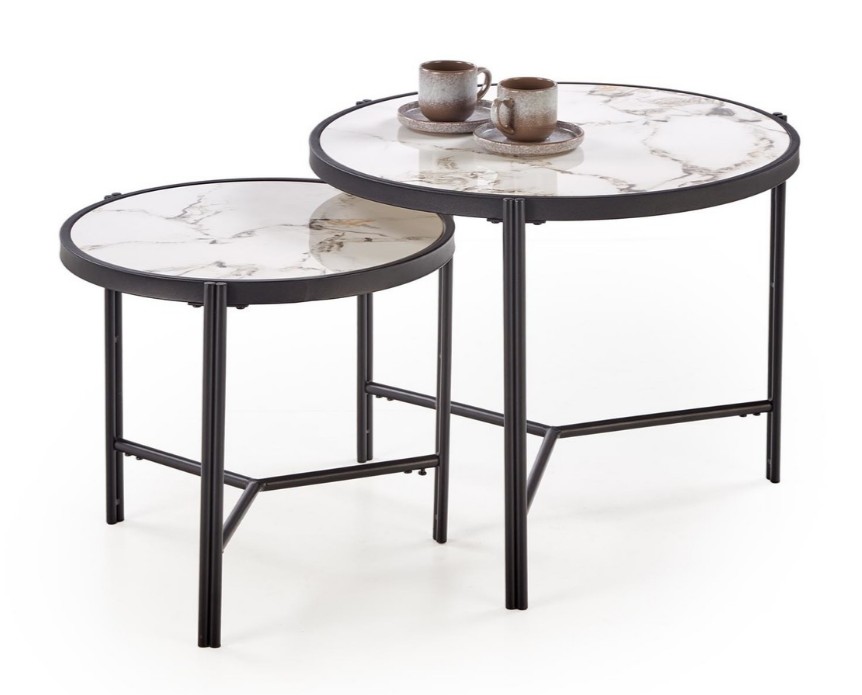 Set 2 tavolini FATIMA effetto marmo bianco e nero – Ø63×50 cm Ø48×43 cm