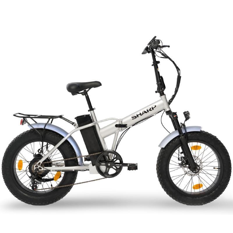 Sharp bk fm01 es bicicletta elettrica pieghevole fat e bike (silver) ruote 20x4 motore 250w batteria 36v 10ah telaio acciaio 6 marce