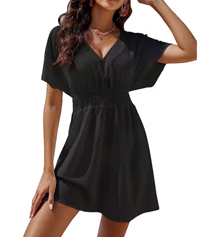 Solid Pleated White Dresses Woman Casual Batwing Short Sleeve Beach Chiffon Dress Summer Trendy A Line Tunic Dress Ropa De Mujer