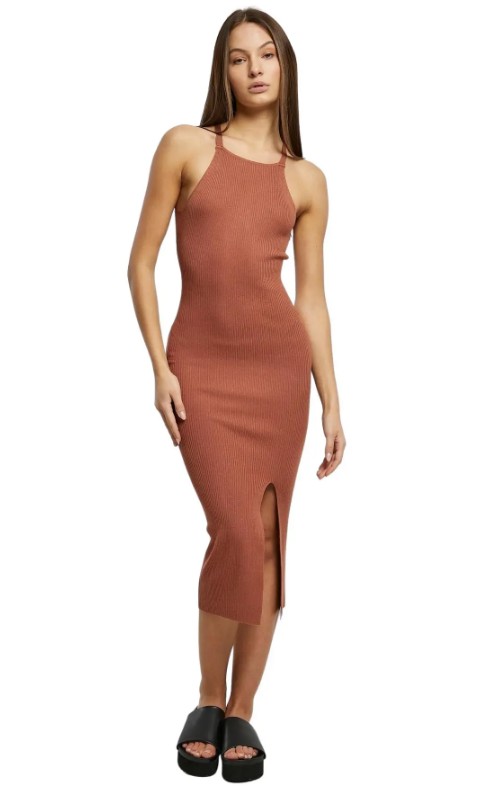 Vestito midi da donna in maglia taglie comode con incrocio sulla schiena Rib1