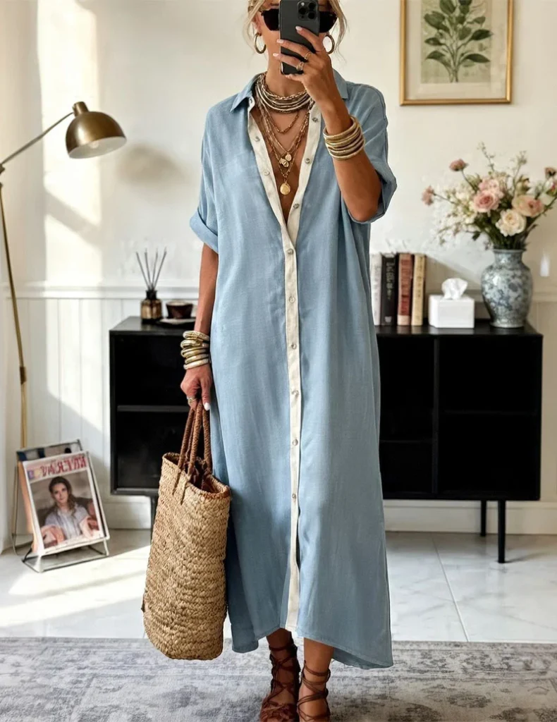 Abito camicia oversize con bottoni e colletto a contrasto.