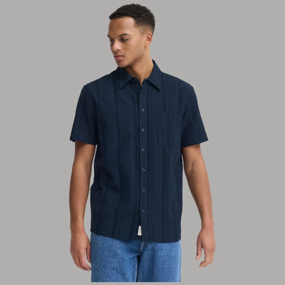 Blend camicia manica corta slim fit 100% cotone con taschino e jacquard blu