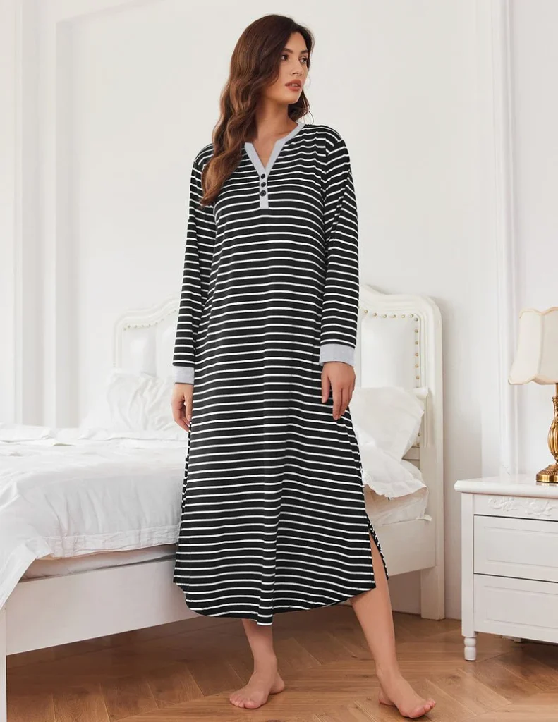 Button v neck Full Length Sleepshirt Nightgown with Pockets