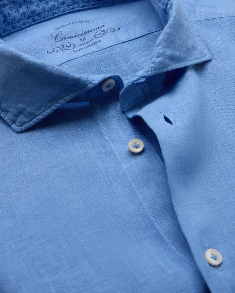 Camicia trendy lino garment dyed blu dyed comfort francese