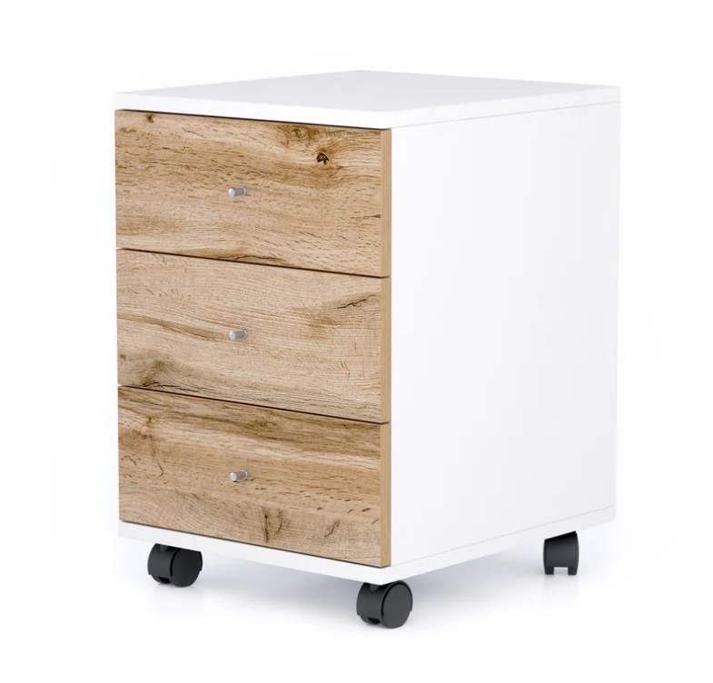 Cassettiera con ruote Clara, Bianco Opaco con cassetti Rovere Rustico
