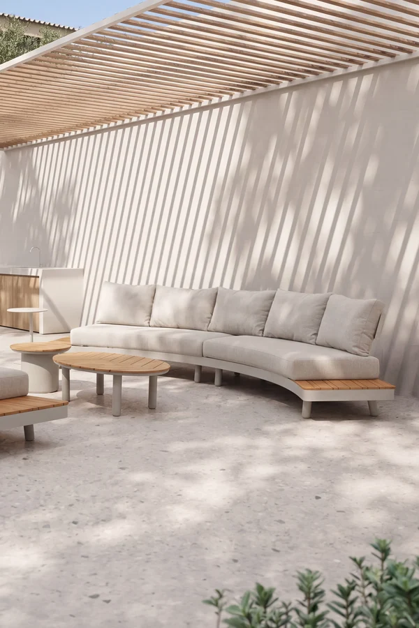 Divano da giardino 4 posti con tavolini laterali Arya, 400x71x75 cm, Beige e legno di teak