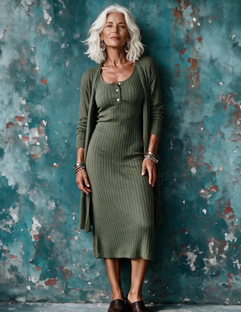 Ekouaer Ribbed Knit 2 Piece Set – Henley Button Midi Dress & Long Cardigan