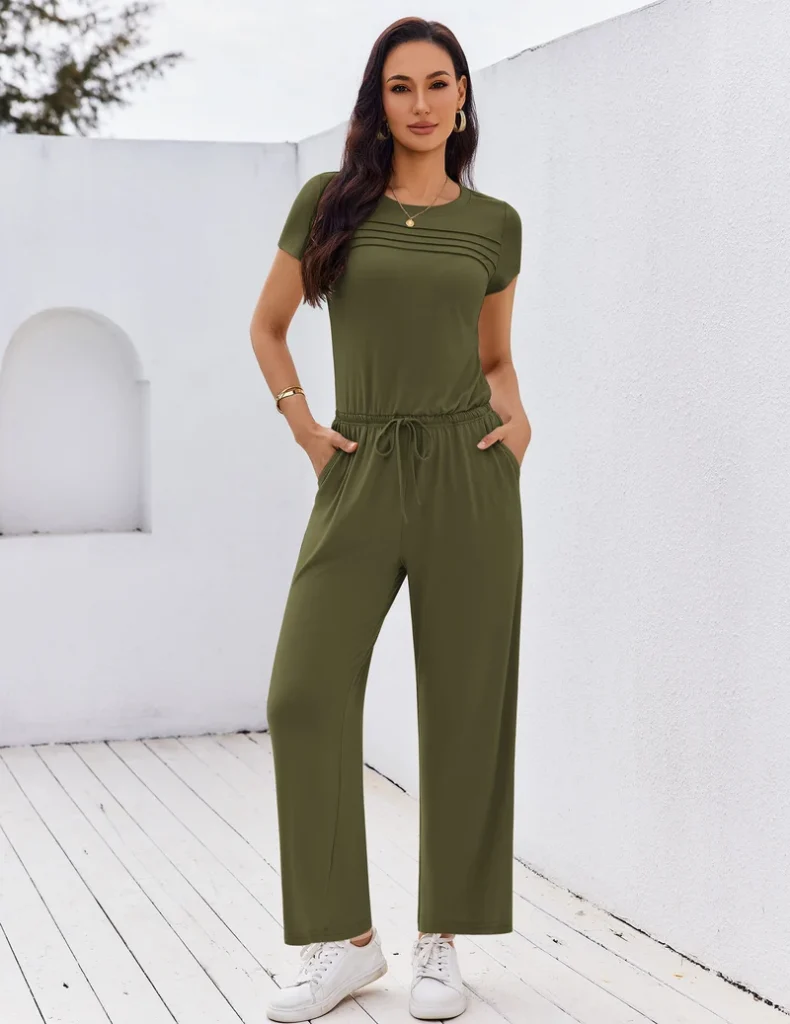 Ekouaer Summer Round Neck Pleated Front Romper