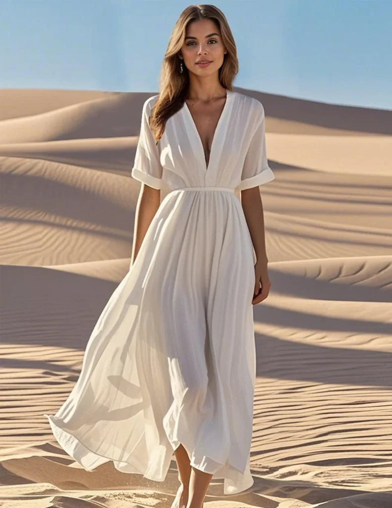 Elegante abito svolazzante in 100% cotone.
