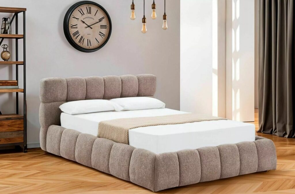 Letto contenitore Parma in tessuto strutturato Raven beige scuro – 140×200 cm