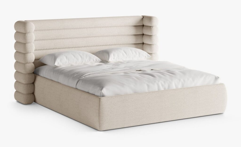 Letto imbottito Mount con contenitore in bouclé Coral – 140×200 cm
