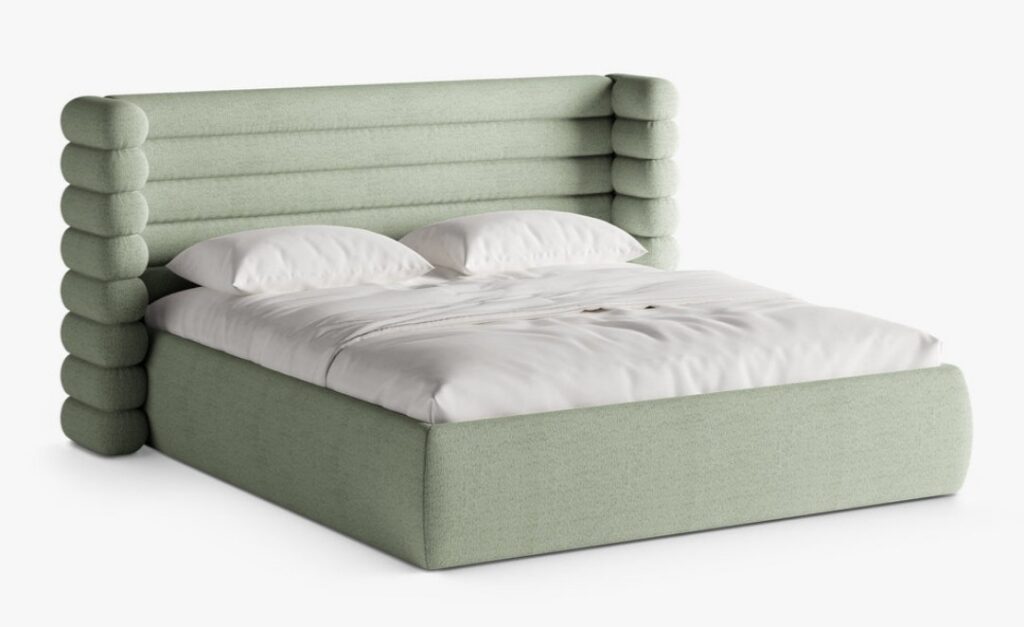Letto imbottito Mount con contenitore in bouclé Coral – 180×200 cm