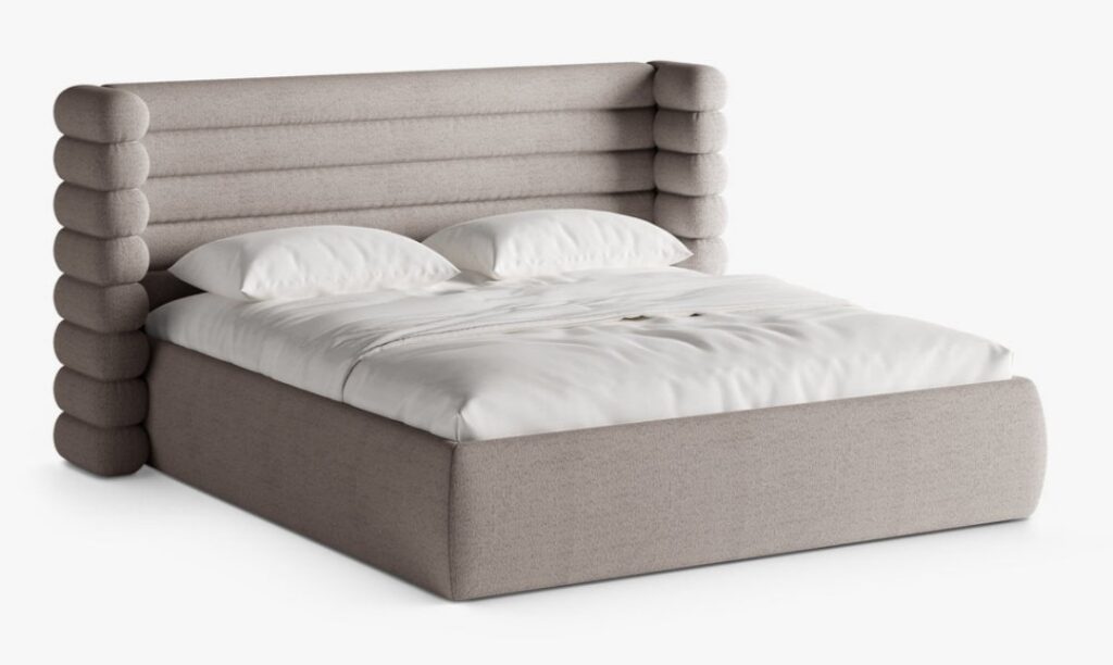 Letto imbottito Mount con contenitore in bouclé Coral – 200×200 cm