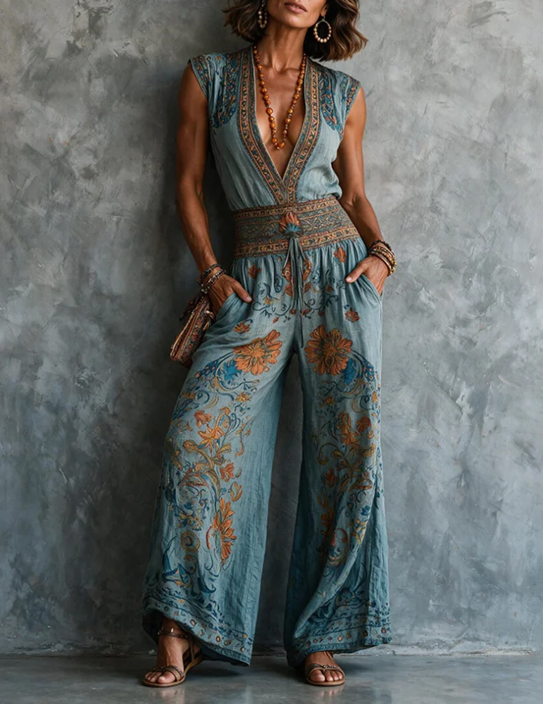 Linen Boho Jumpsuit Floral Print Deep V Neck Wide Leg Jumpsuit