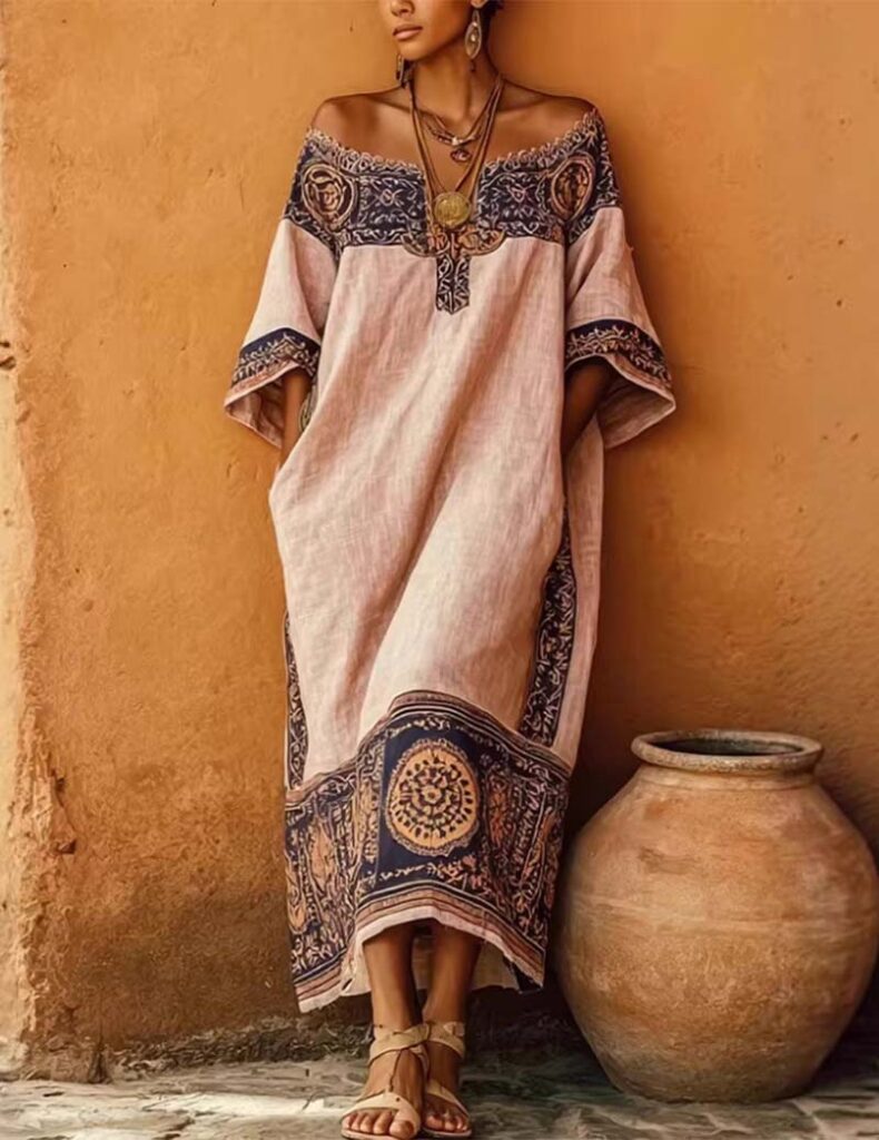 Linen Off Shoulder Dress Bohemian Floral Print Maxi Dress