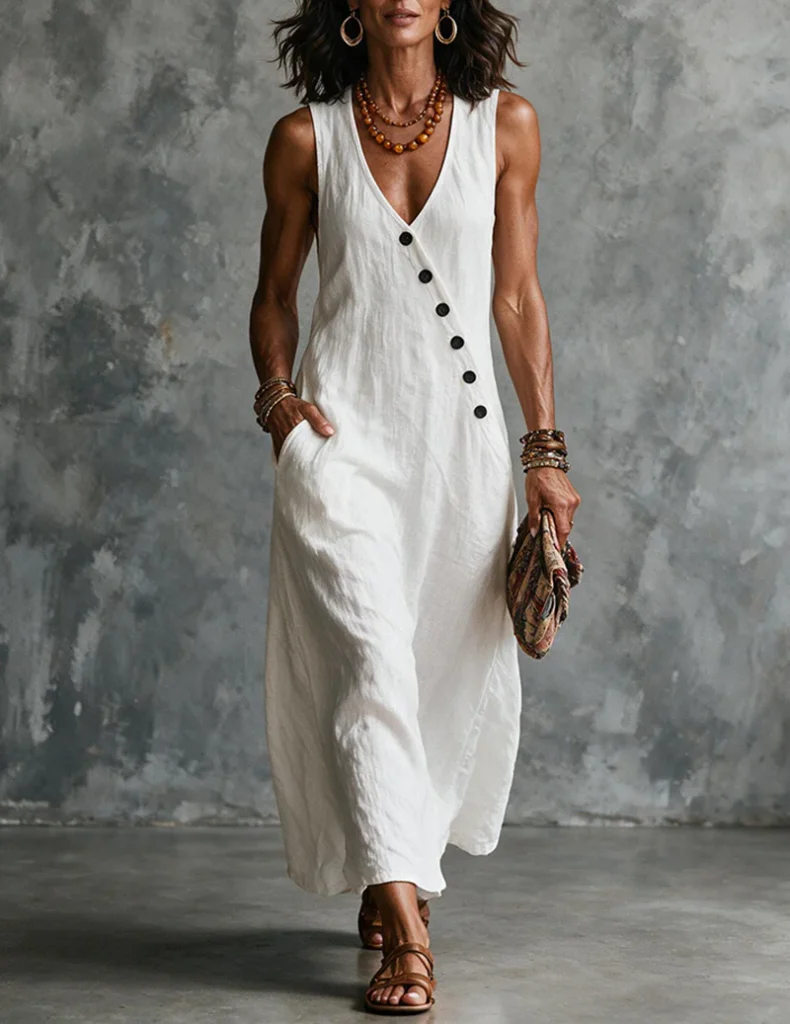 Linen Sleeveless V Neck Button Down Midi Dress Sundress with Pockets