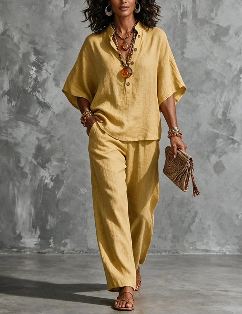 Linen Two Piece Set Mandarin Collar Batwing Sleeve Top & Wide Leg Pants