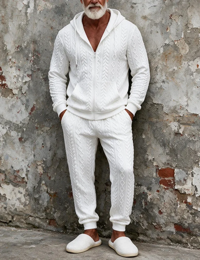 Men Cable Knit Jacquard Long Sleeve Zip Up Hoodie & Jogger Pants Two Piece Set