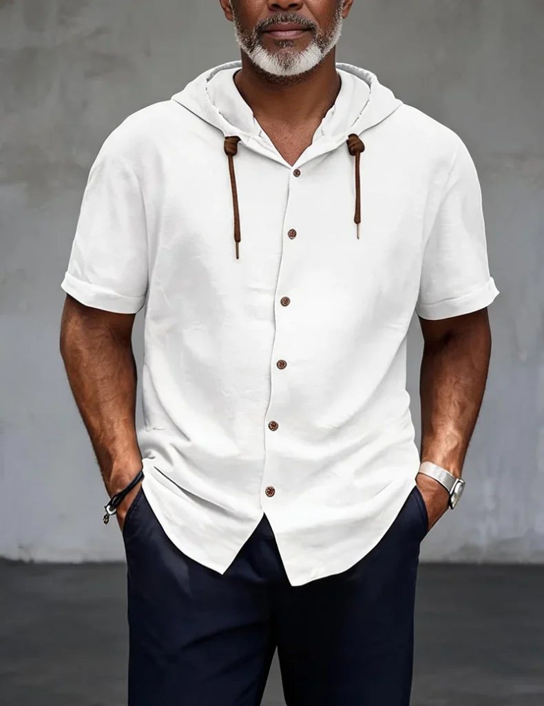 Men Short Sleeve Hooded Button Front Linen Shirt