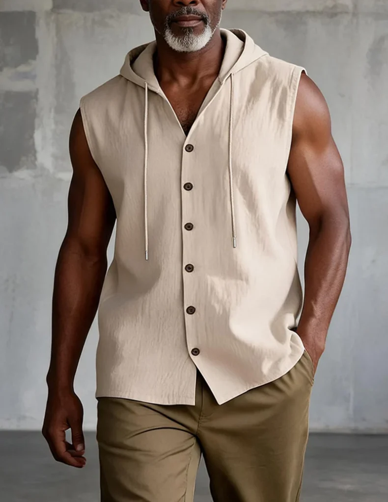Men Sleeveless Hooded Button Front Linen Shirt