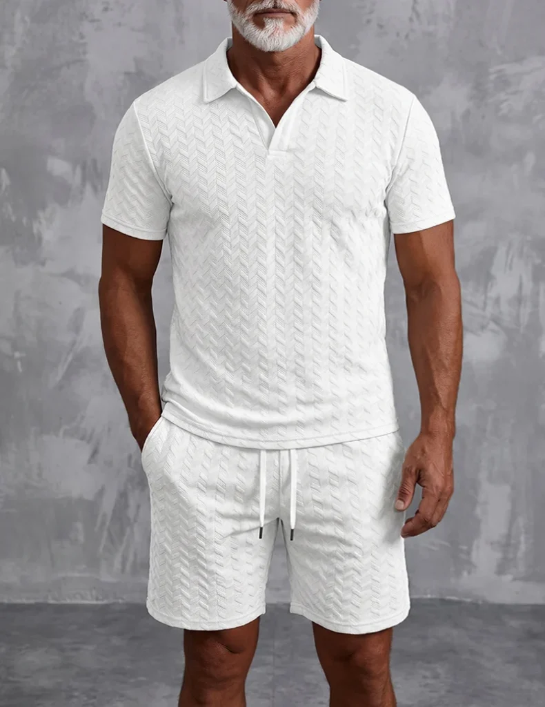 Men Textured Open Collar Polo Shirt and Shorts Set