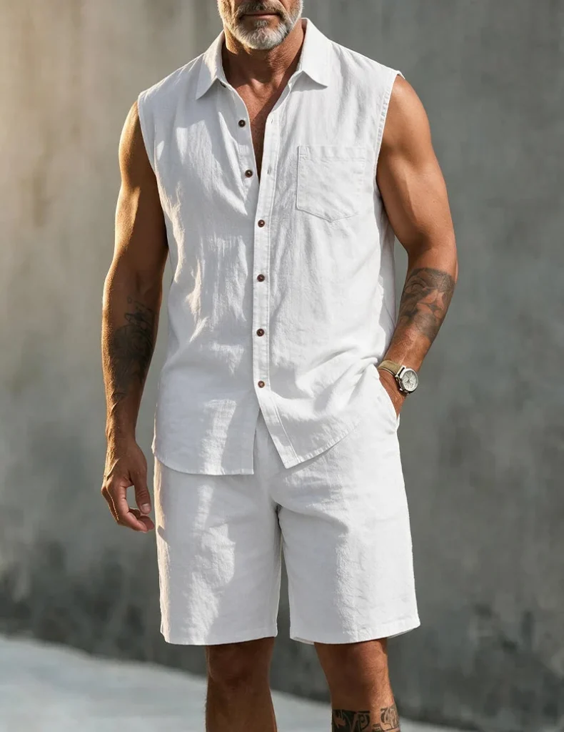 Men's Linen Blend Short Sleeve Shirt and Shorts Set
