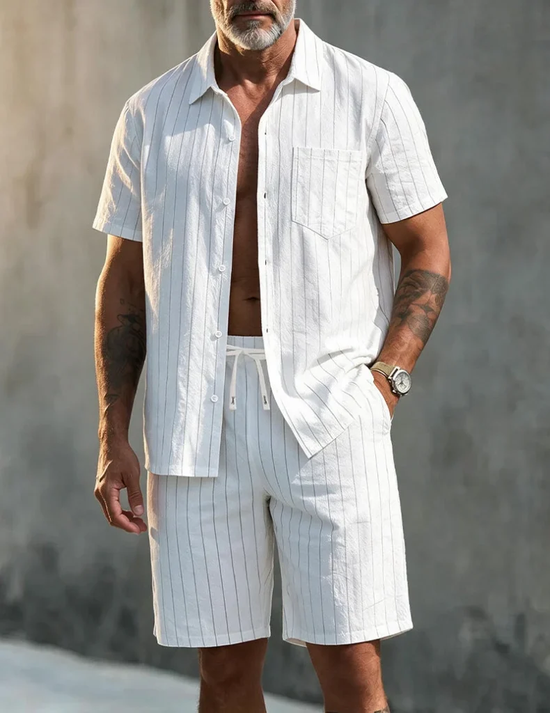 Men's Linen Blend Short Sleeve Shirt and Shorts Set