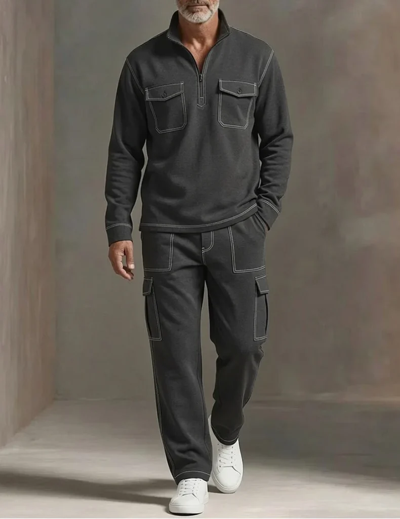 Men's Soft Knit Cargo Tracksuit Set Half Zip Pullover and Cargo Pants